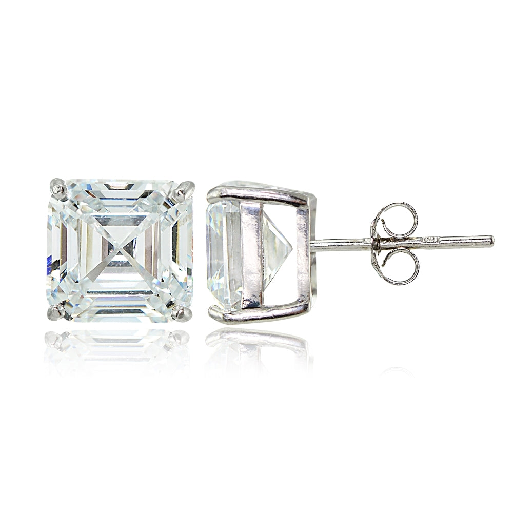 Sterling Silver Cubic Zirconia Asscher Cut Stud Earrings
