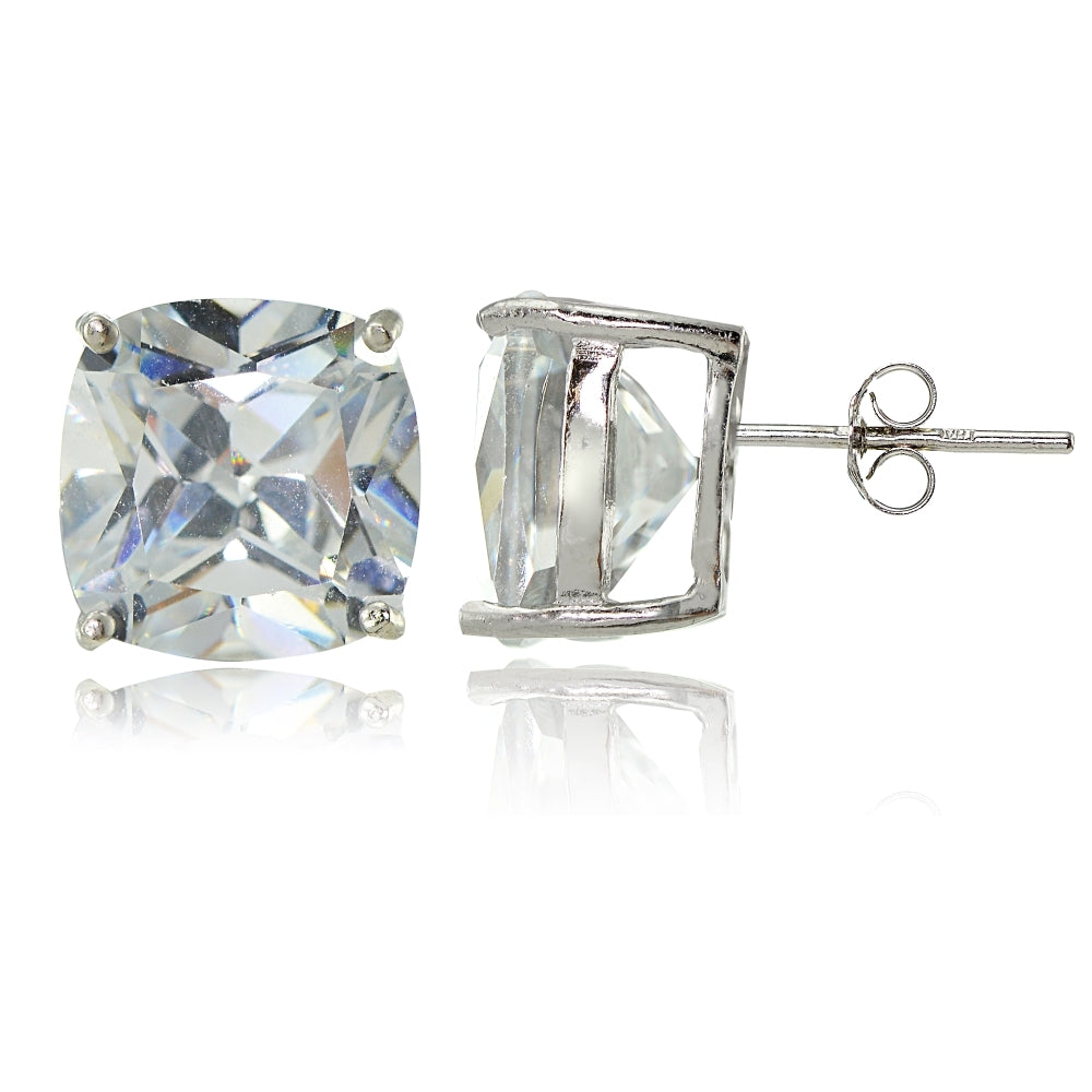 Sterling Silver Cubic Zirconia 10mm Cushion Cut Stud Earrings