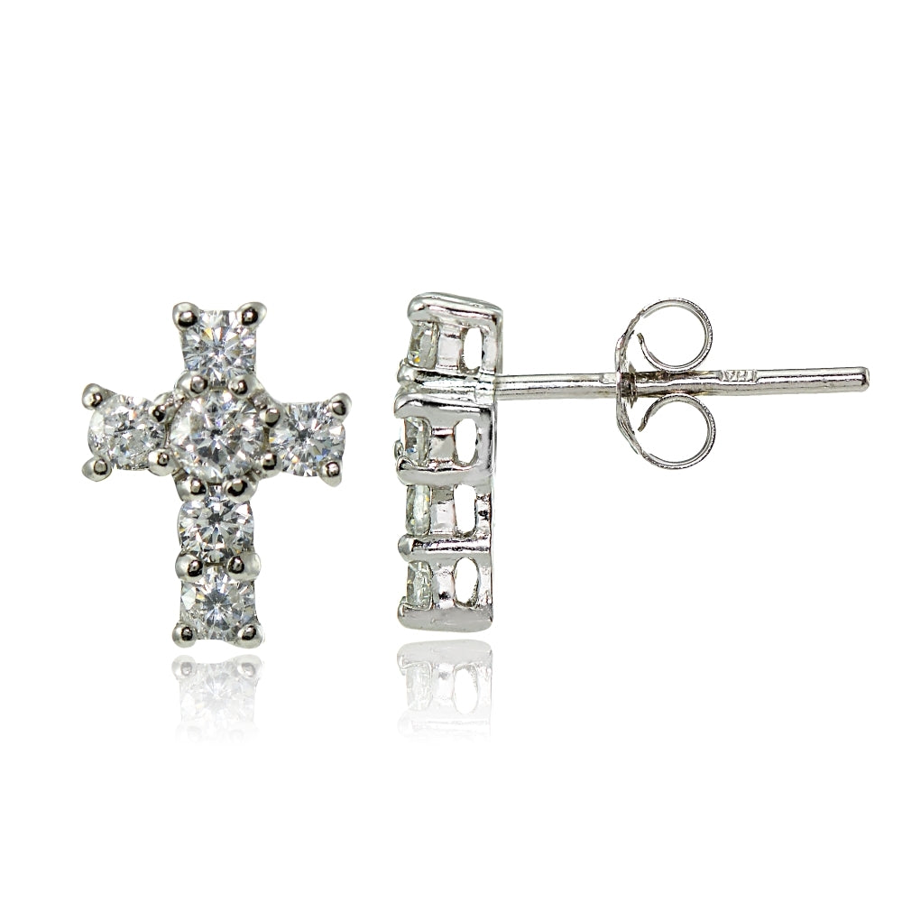 Sterling Silver Cubic Zirconia Studded Cross Earrings