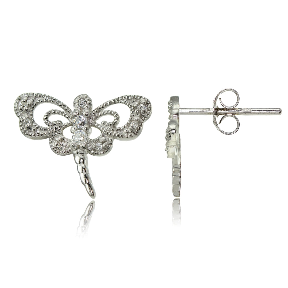 Sterling Silver Cubic Zirconia Dragonfly Stud Earrings