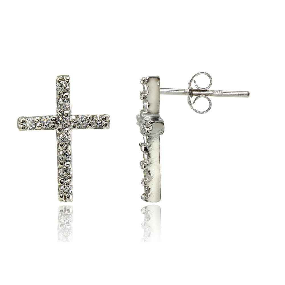 Sterling Silver Cubic Zirconia Cross Stud Earrings
