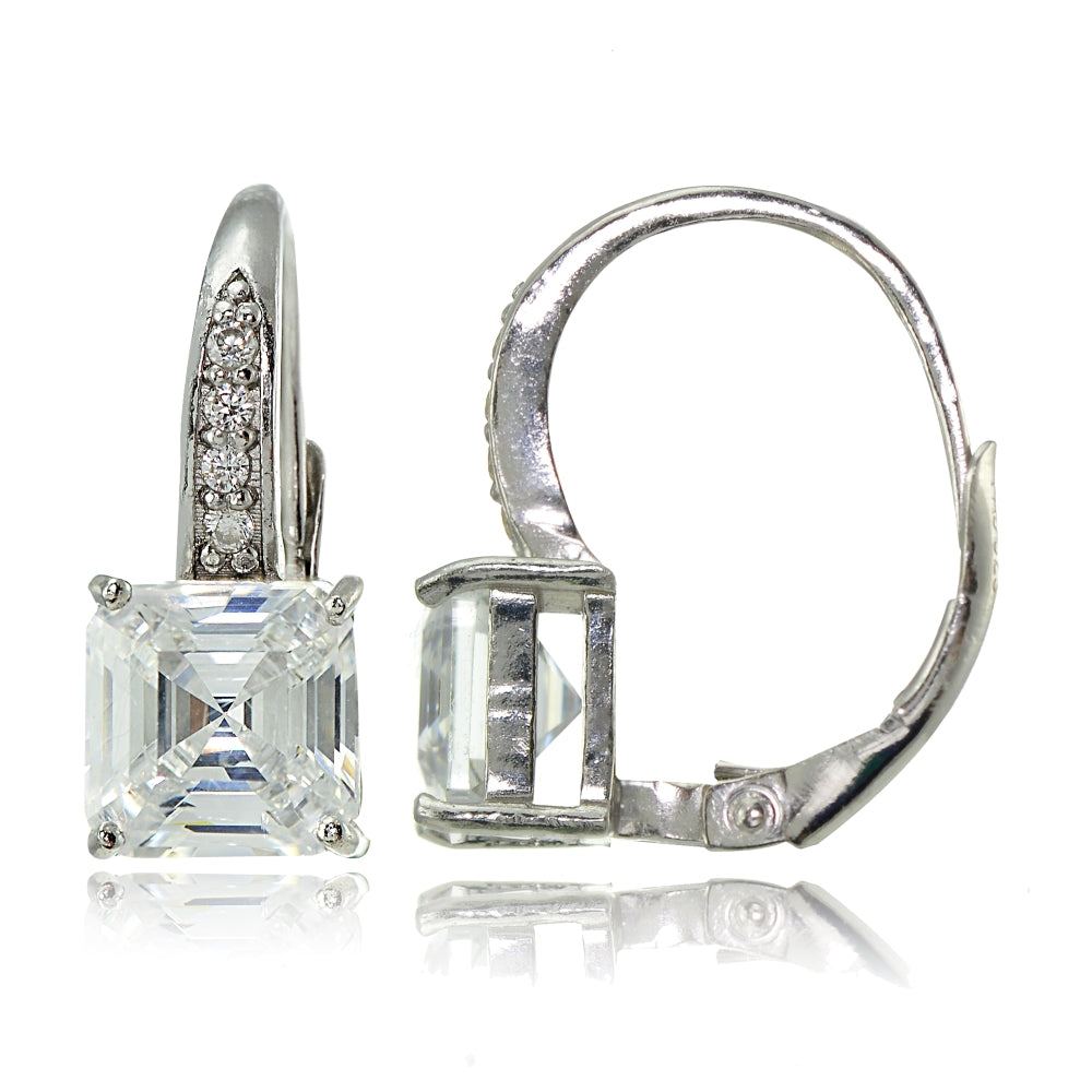 Sterling Silver Cubic Zirconia Asscher Cut Leverback Earrings