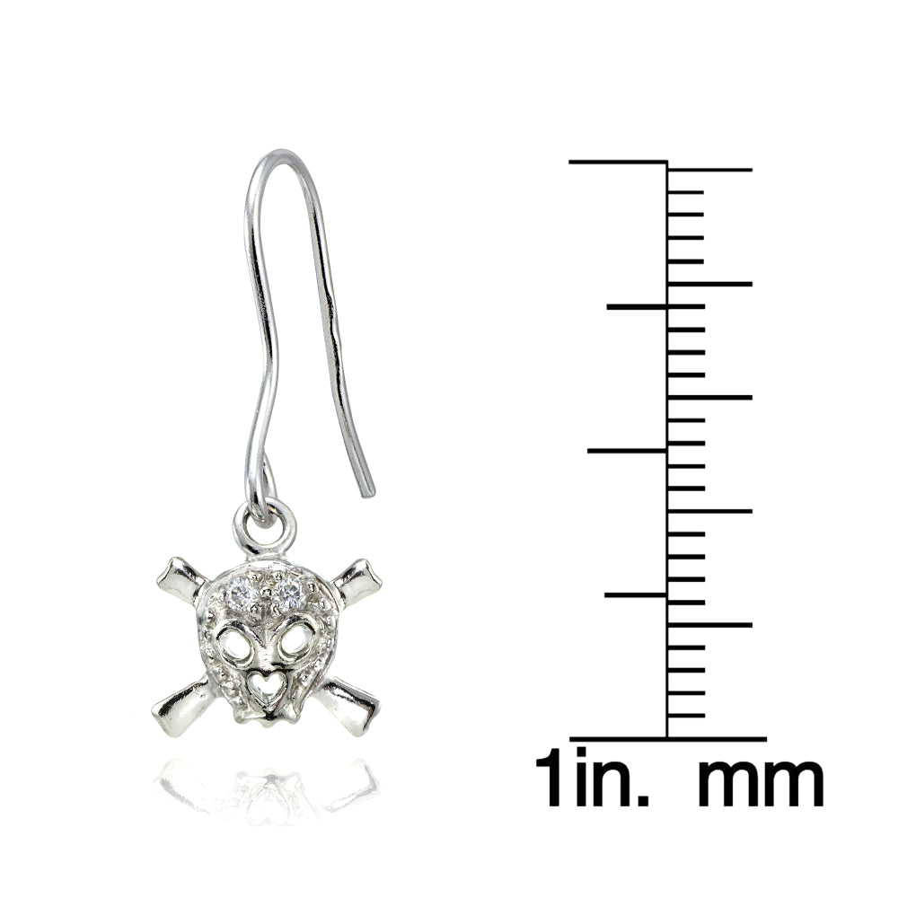 Sterling Silver Cubic Zirconia Skull and Crossbones Dangle Earrings-3