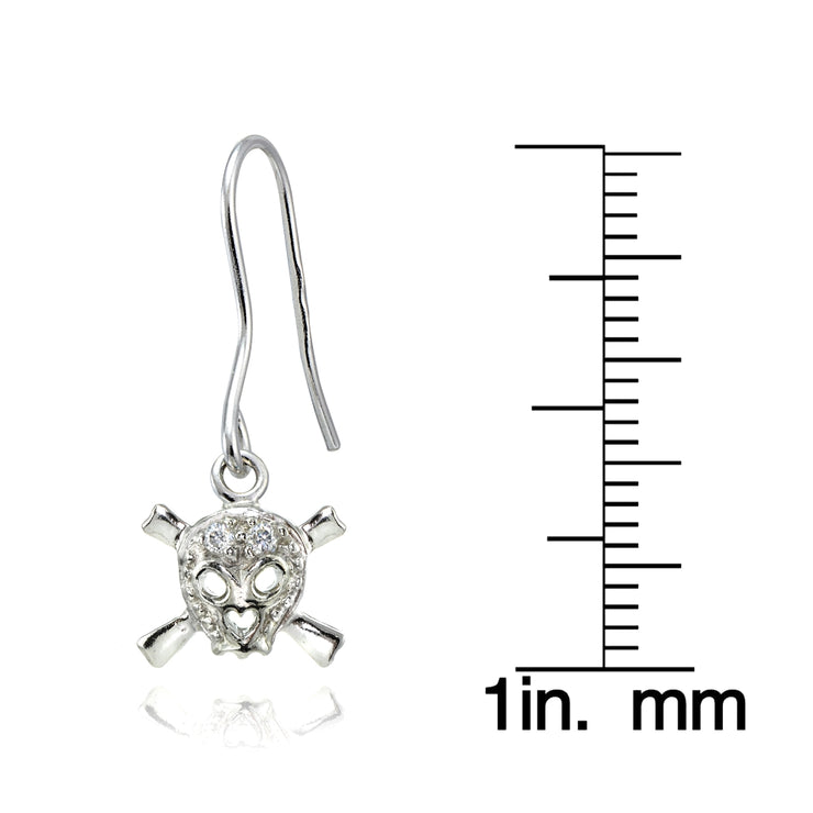 Sterling Silver Cubic Zirconia Skull and Crossbones Dangle Earrings