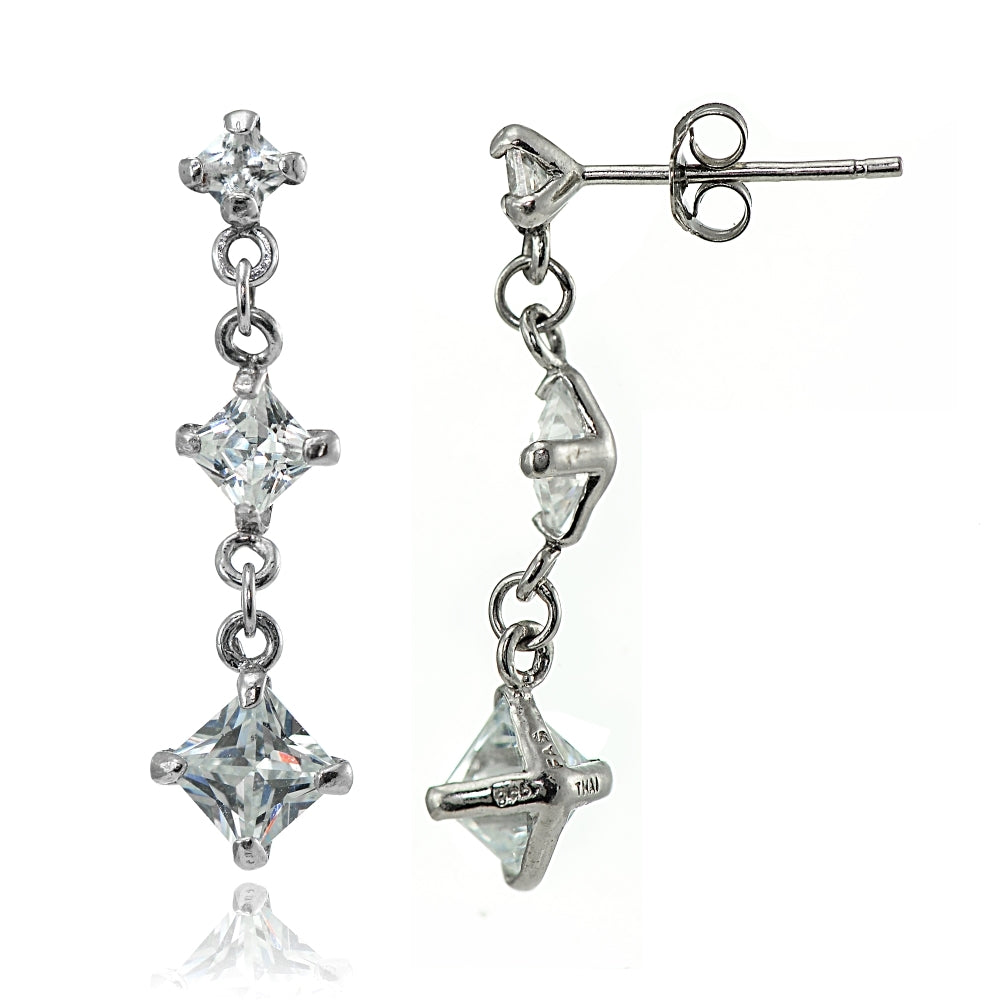 Sterling Silver Cubic Zirconia Square Shape Drop Dangle Earrings