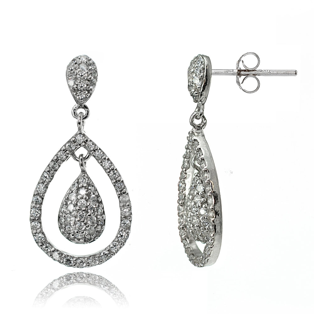 Sterling Silver Cubic Zirconia Double Teardrop Dangle Earrings
