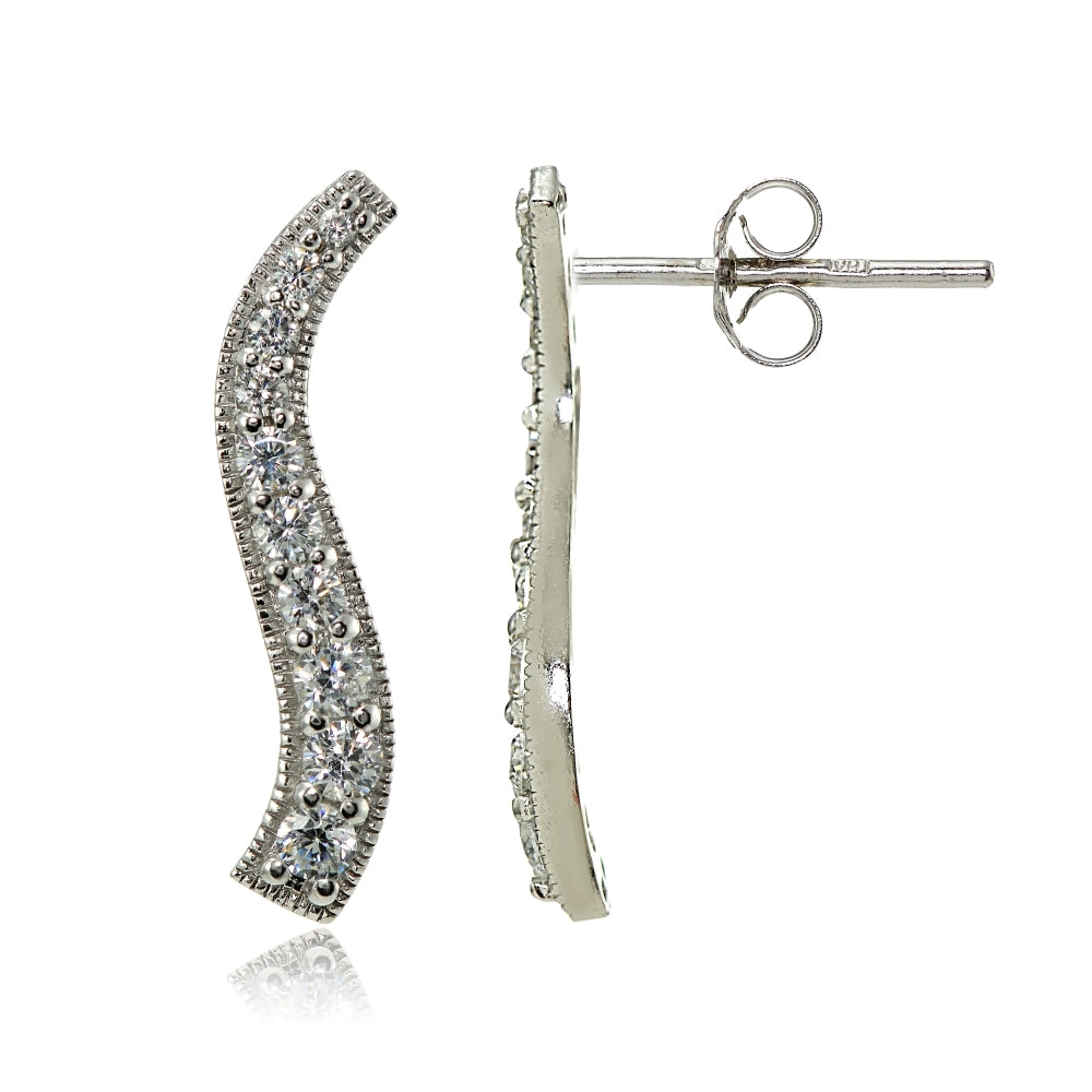 Sterling Silver Cubic Zirconia Vertical Curved Bar Earrings