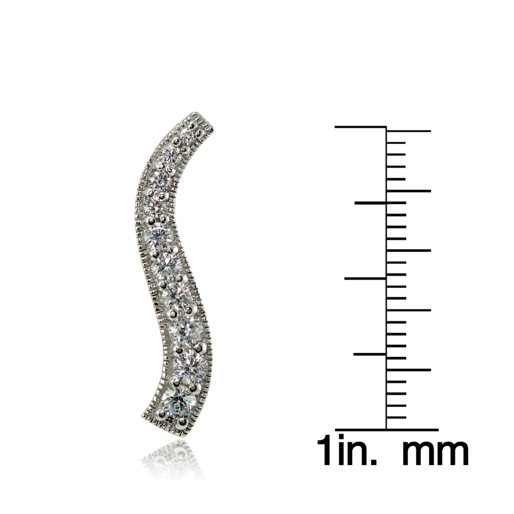 Sterling Silver Cubic Zirconia Vertical Curved Bar Earrings-3