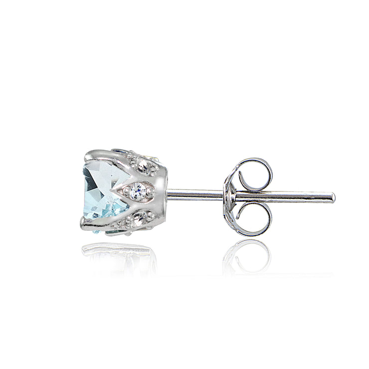 Sterling Silver Aquamarine and White Topaz Crown Stud Earrings