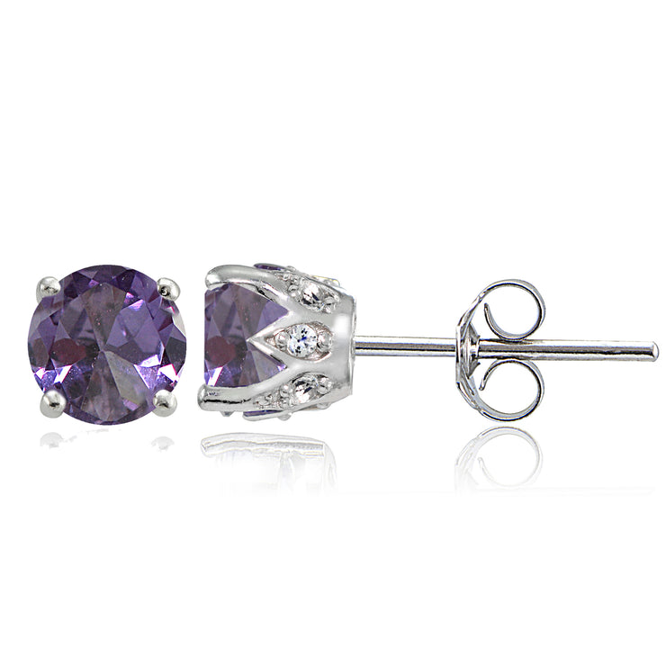 Sterling Silver Created Alexandrite and White Topaz Crown Stud Earrings