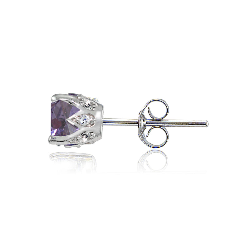 Sterling Silver Created Alexandrite and White Topaz Crown Stud Earrings