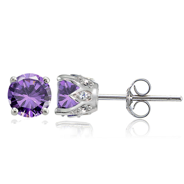 Sterling Silver Amethyst and White Topaz Crown Stud Earrings