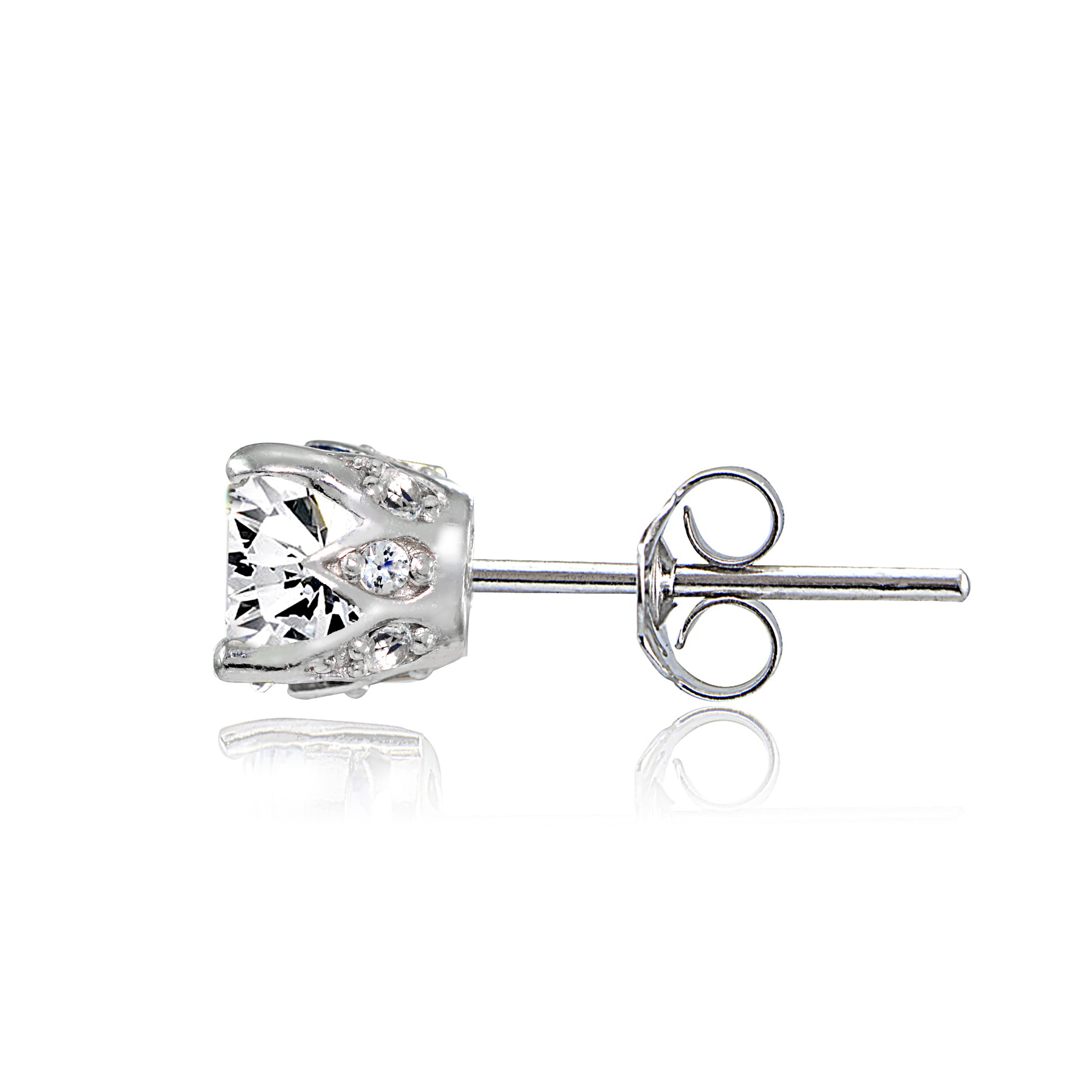 Sterling Silver Created White Sapphire Crown Stud Earrings-2