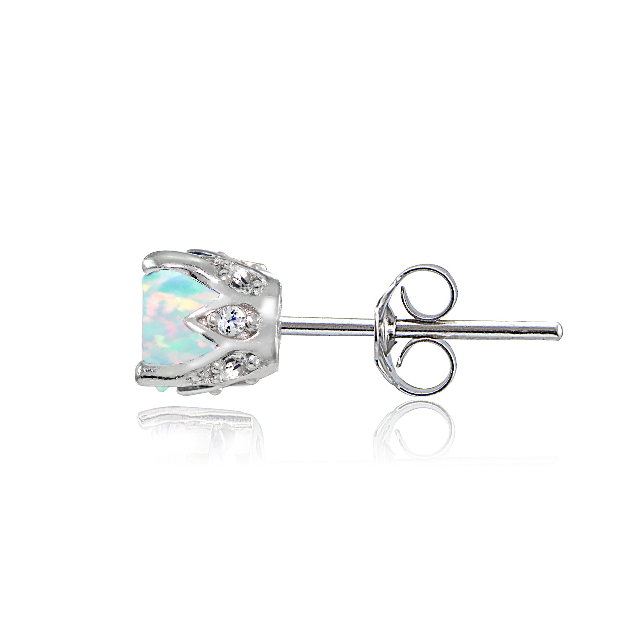 Sterling Silver Created White Opal and White Topaz Crown Stud Earrings-2