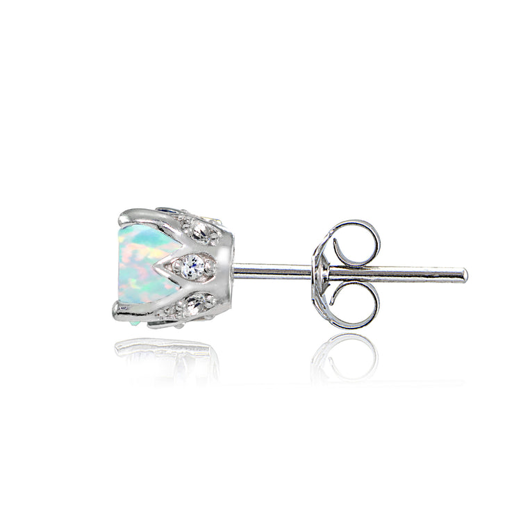 Sterling Silver Created White Opal and White Topaz Crown Stud Earrings