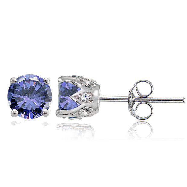 Sterling Silver Tanzanite and White Topaz Crown Stud Earrings