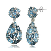 Sterling Silver London Blue, Swiss Blue and White Topaz Tonal Cluster Dangle Earrings