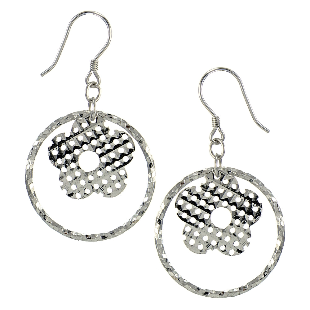 Sterling Silver Diamond-Cut Hoop with Flower Charm Dangle Earrings