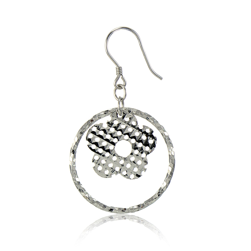 Sterling Silver Diamond-Cut Hoop with Flower Charm Dangle Earrings-2