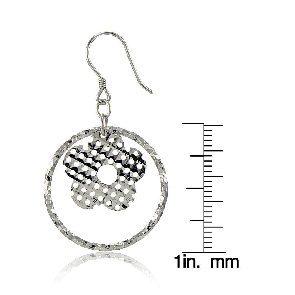 Sterling Silver Diamond-Cut Hoop with Flower Charm Dangle Earrings-3