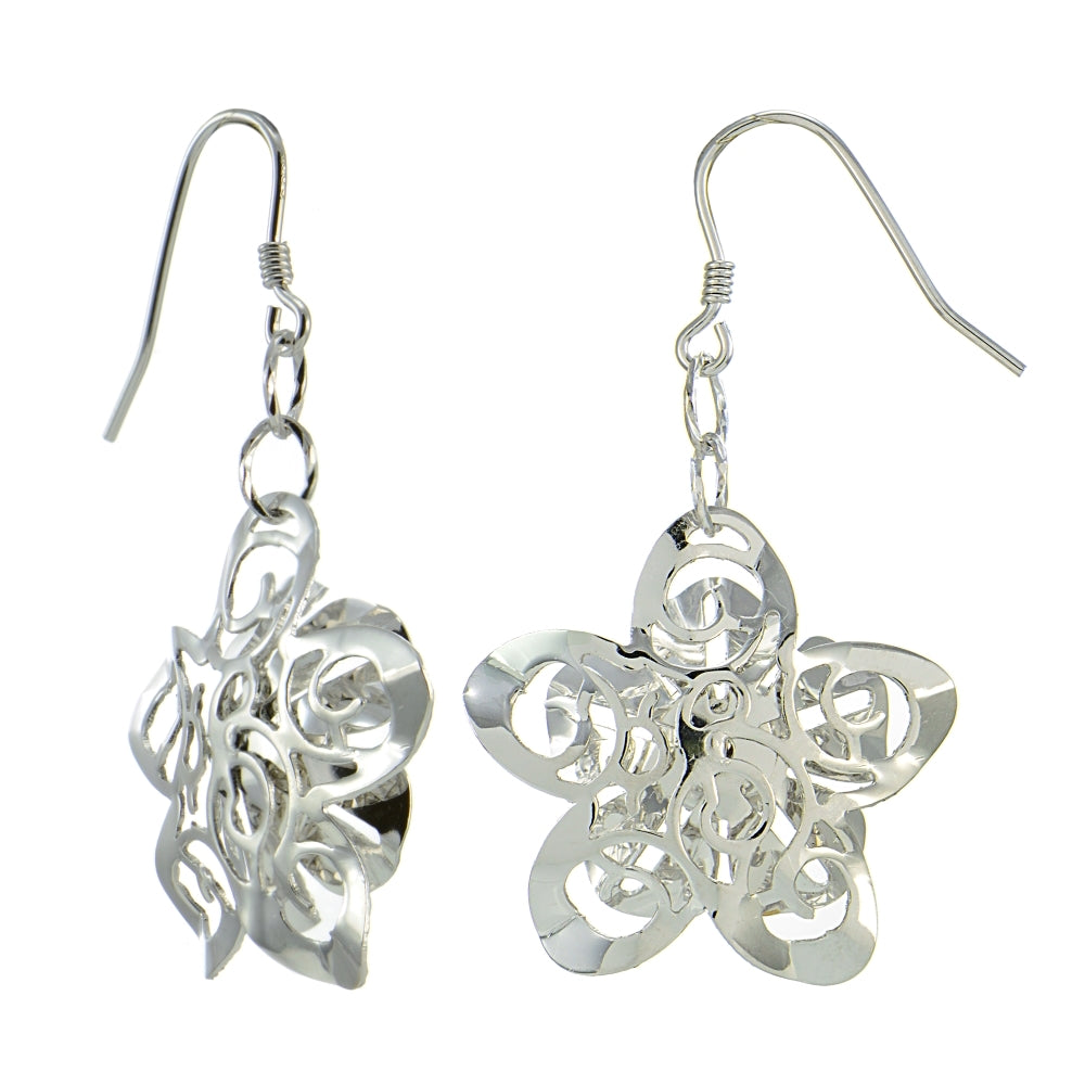 Sterling Silver Diamond-Cut Zinnia Flower Dangle Earrings