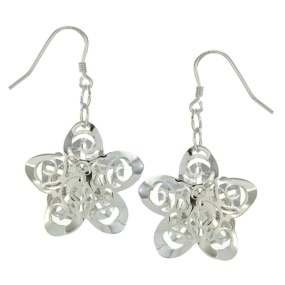 Sterling Silver Diamond-Cut Zinnia Flower Dangle Earrings-2
