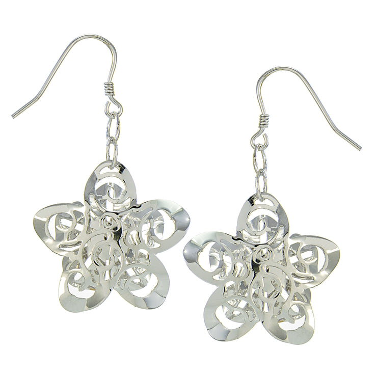 Sterling Silver Diamond-Cut Zinnia Flower Dangle Earrings