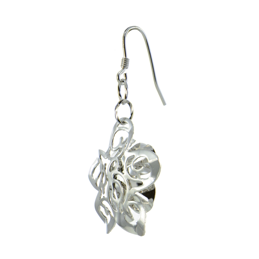 Sterling Silver Diamond-Cut Zinnia Flower Dangle Earrings-3