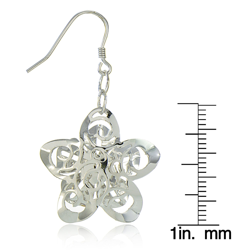 Sterling Silver Diamond-Cut Zinnia Flower Dangle Earrings-4