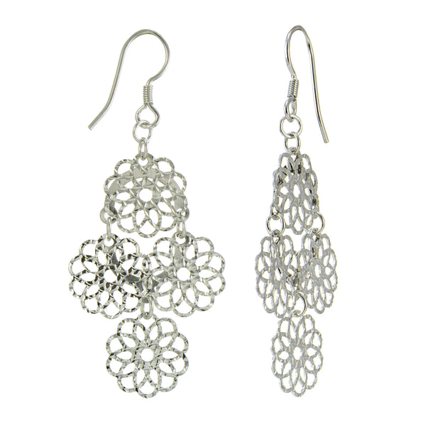 Sterling Silver Diamond-Cut Four Flower Drop Dangle Earrings