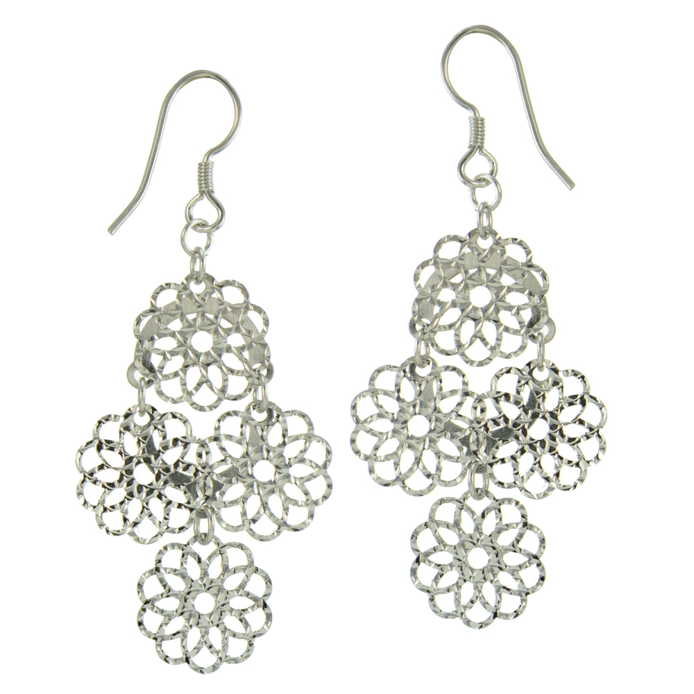 Sterling Silver Diamond-Cut Four Flower Drop Dangle Earrings-2
