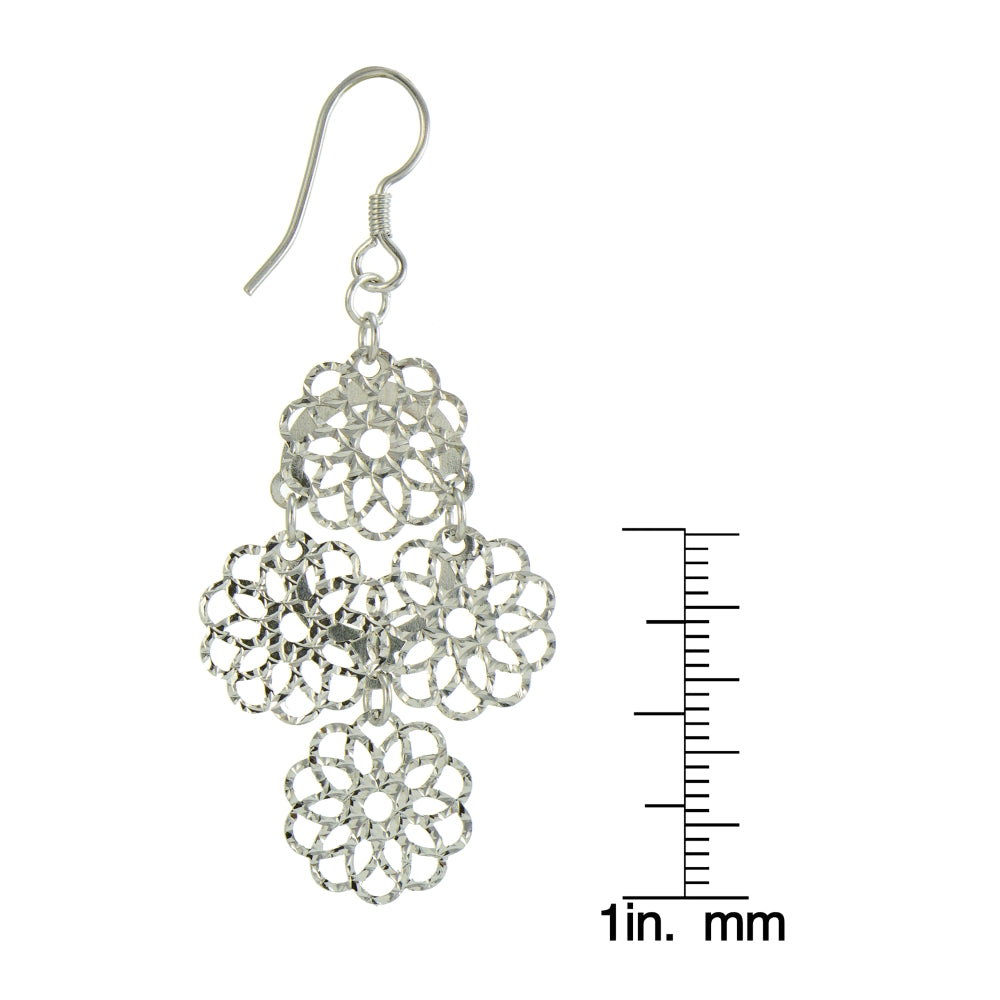 Sterling Silver Diamond-Cut Four Flower Drop Dangle Earrings-4