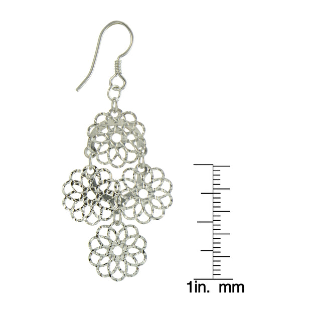 Sterling Silver Diamond-Cut Four Flower Drop Dangle Earrings