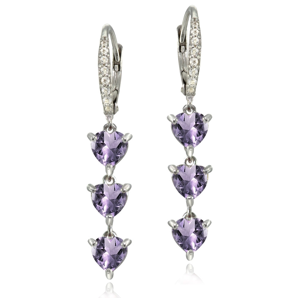 Sterling Silver Amethyst and White Topaz Heart 3-Stone Dangle Earrings