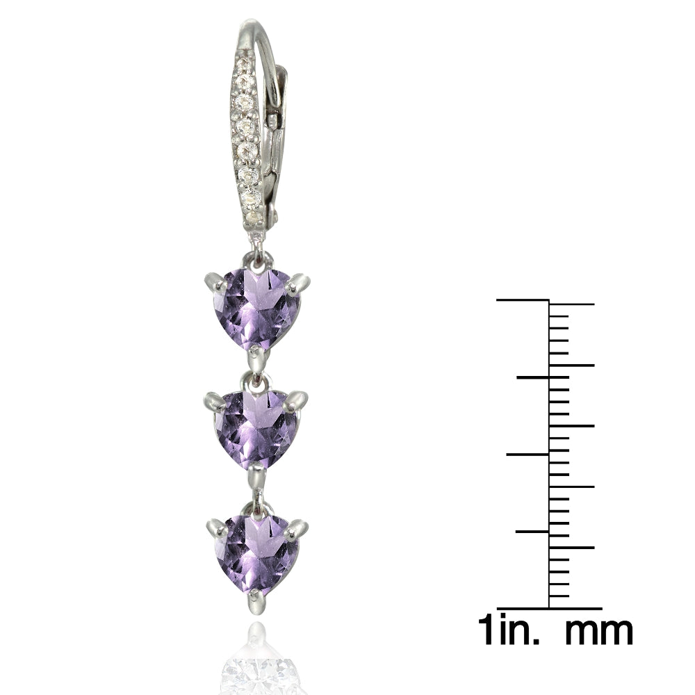 Sterling Silver Amethyst and White Topaz Heart 3-Stone Dangle Earrings-2