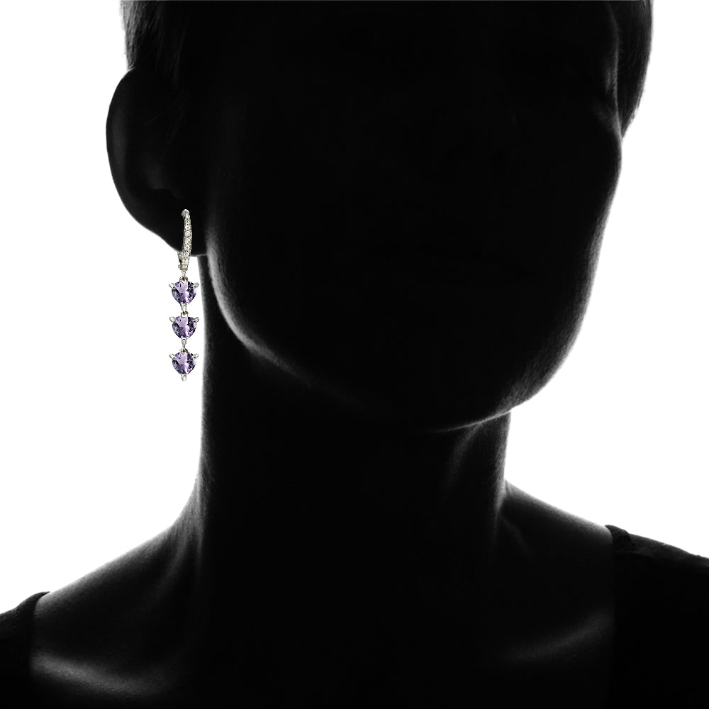 Sterling Silver Amethyst and White Topaz Heart 3-Stone Dangle Earrings-3
