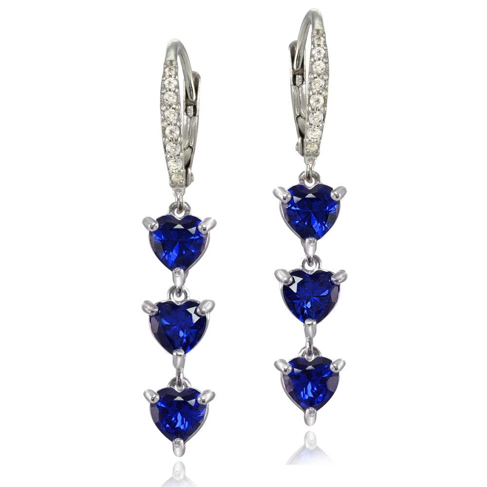 Sterling Silver Created Blue Sapphire and White Topaz Heart 3-Stone Dangle Earrings
