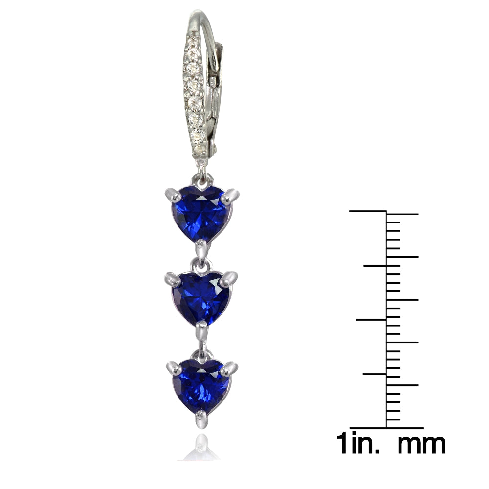 Sterling Silver Created Blue Sapphire and White Topaz Heart 3-Stone Dangle Earrings-2