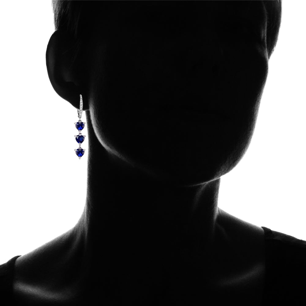 Sterling Silver Created Blue Sapphire and White Topaz Heart 3-Stone Dangle Earrings-3