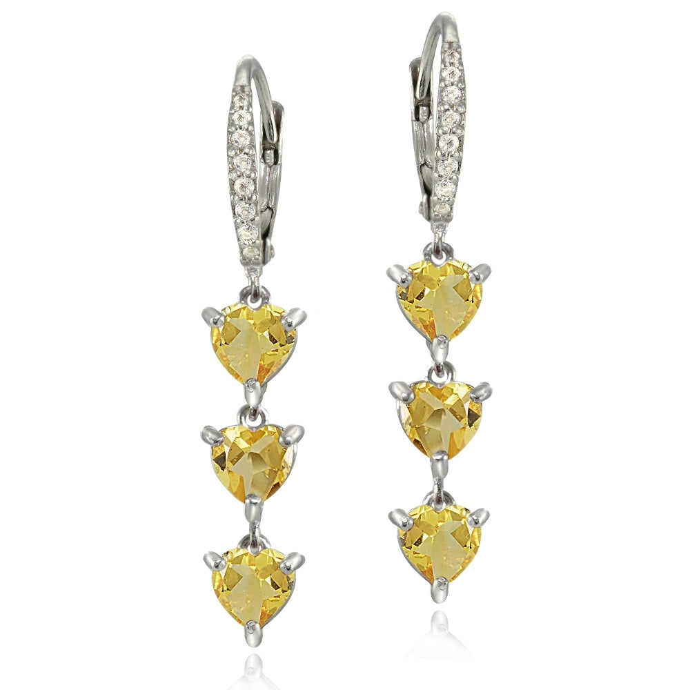 Sterling Silver Citrine and White Topaz Heart 3-Stone Dangle Earrings
