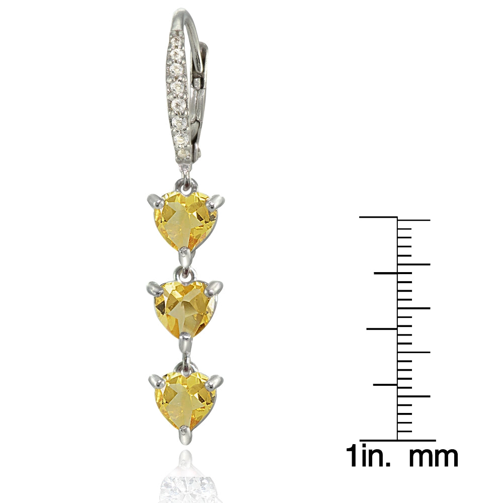 Sterling Silver Citrine and White Topaz Heart 3-Stone Dangle Earrings-2
