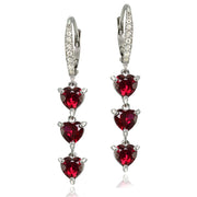 Sterling Silver Created Ruby and White Topaz Heart 3-Stone Dangle Earrings