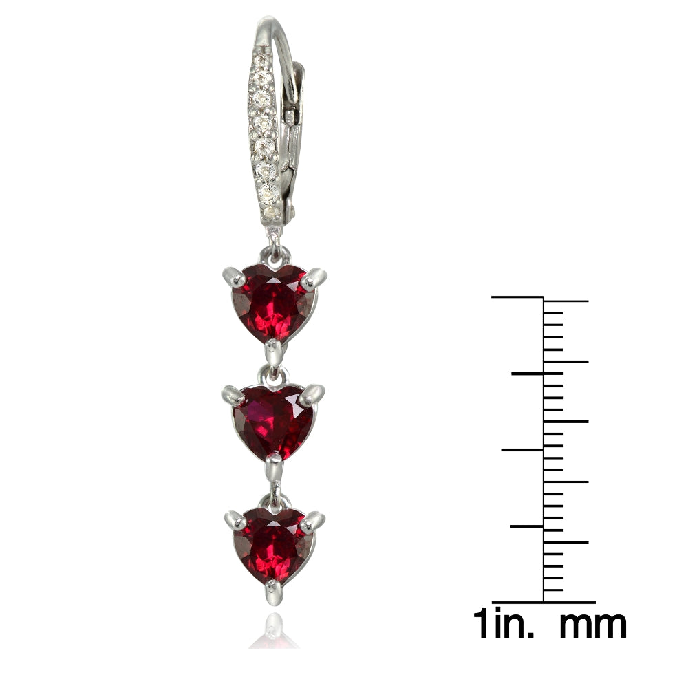 Sterling Silver Created Ruby and White Topaz Heart 3-Stone Dangle Earrings-2