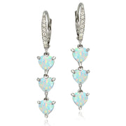 Sterling Silver Created White Opal and White Topaz Heart 3-Stone Dangle Earrings