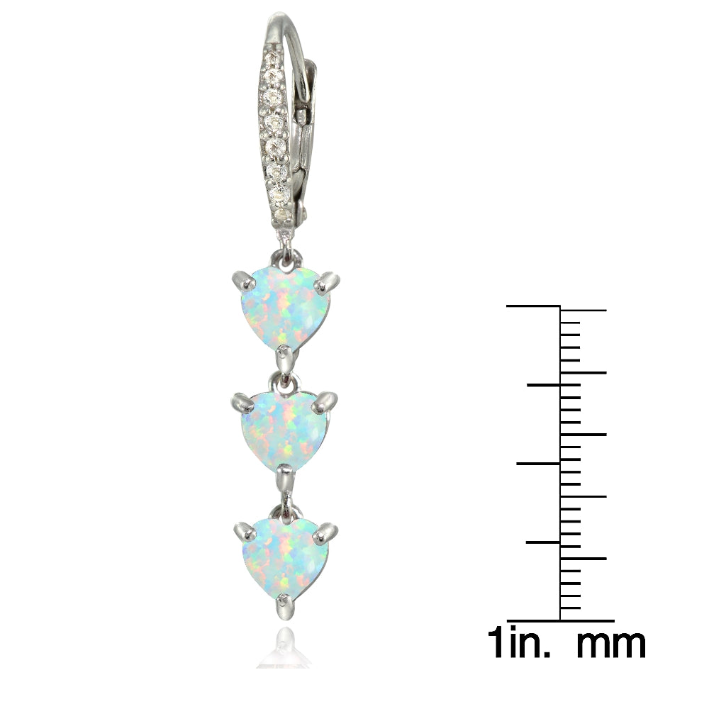 Sterling Silver Created White Opal and White Topaz Heart 3-Stone Dangle Earrings-2