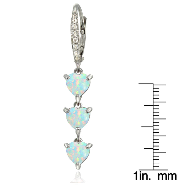 Sterling Silver Created White Opal and White Topaz Heart 3-Stone Dangle Earrings