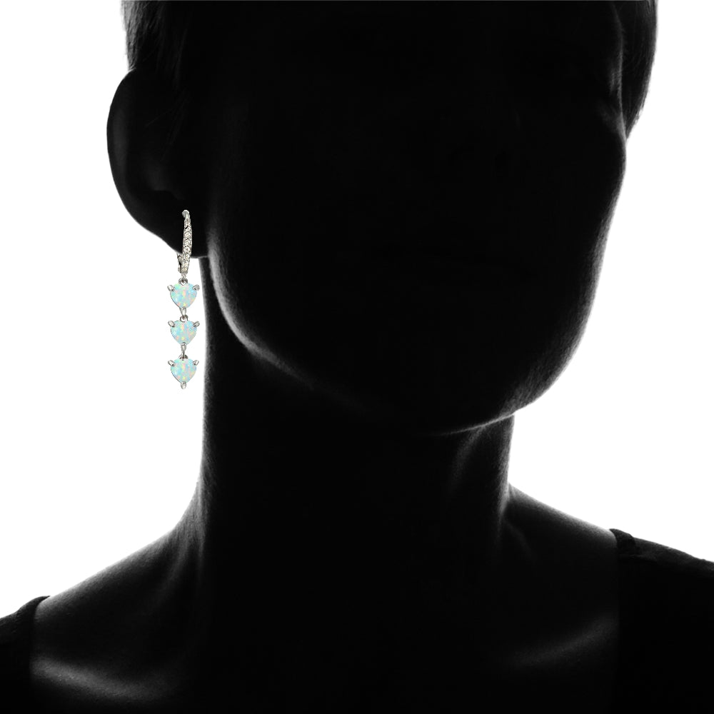 Sterling Silver Created White Opal and White Topaz Heart 3-Stone Dangle Earrings-3