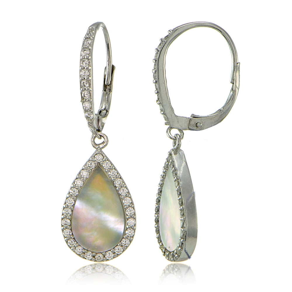 Sterling Silver Mother of Pearl and Cubic Zirconia Teardrop Dangle Leverback Earrings