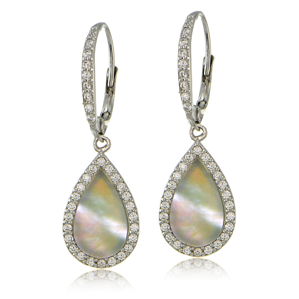 Sterling Silver Mother of Pearl and Cubic Zirconia Teardrop Dangle Leverback Earrings-2