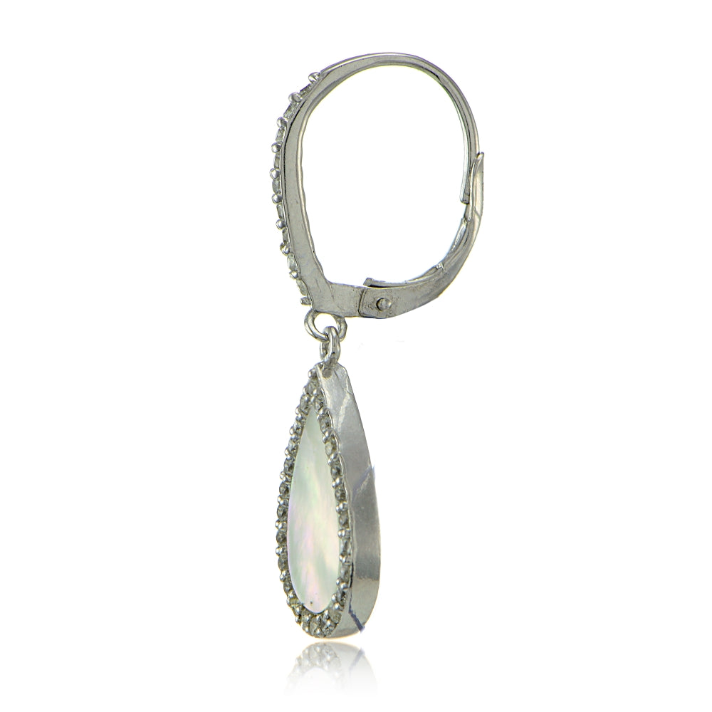 Sterling Silver Mother of Pearl and Cubic Zirconia Teardrop Dangle Leverback Earrings-3
